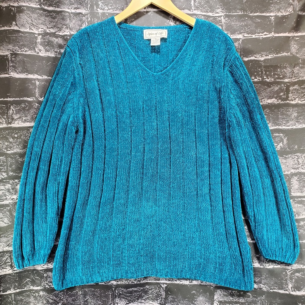 VTG Spice of Life Sweater Womens Medium‎ Teal 80s Knit Pullover Textured Cozy